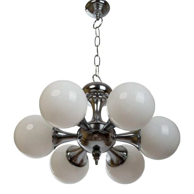 1960s Nickel Plated Chandelier & Ball Opal Glass Globes For Sale