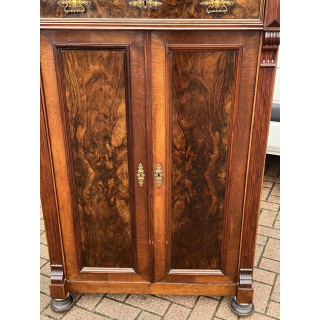 Antique Walnut Bookcase / Cupboard with Fitted Shelves & Drawer For Sale - Image 3 of 15