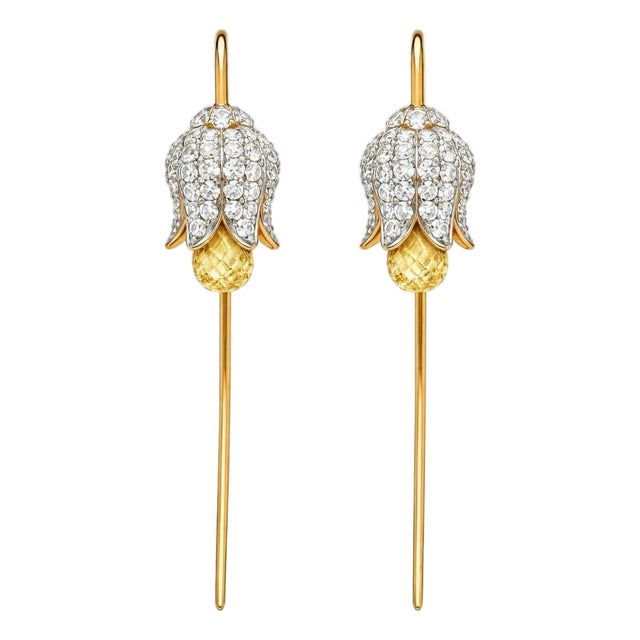 Silver, Gold Lily Flower Earrings With Citrine Briolettes, Pair For Sale