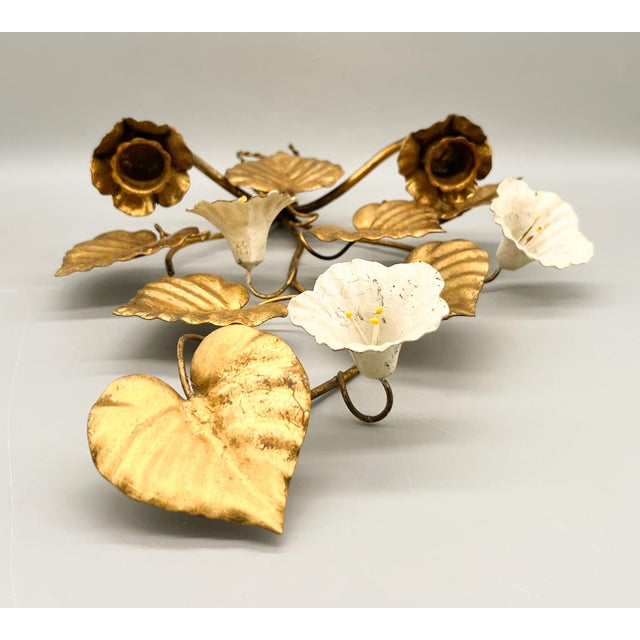 Vintage Italian Gilt Tole Floral Wall Sconces, Pair With White Trumpet Flowers – Hollywood Regency / Italian Provincial For Sale - Image 9 of 15