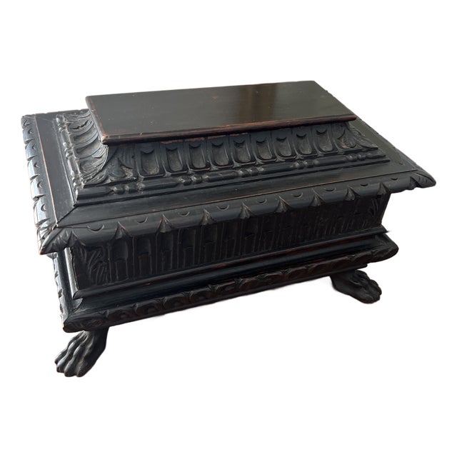 Antique Carved Wood Footed Casket Box For Sale