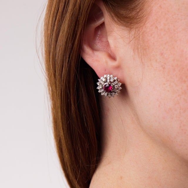 1950s Mid Century 2.00 Carat Pink Tourmaline Diamond 18k White Gold Cluster Earrings, Pair For Sale - Image 5 of 6