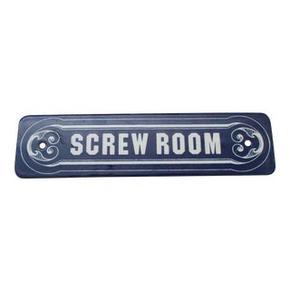Vintage Porcelain Enamel Screw Room Sign For Sale