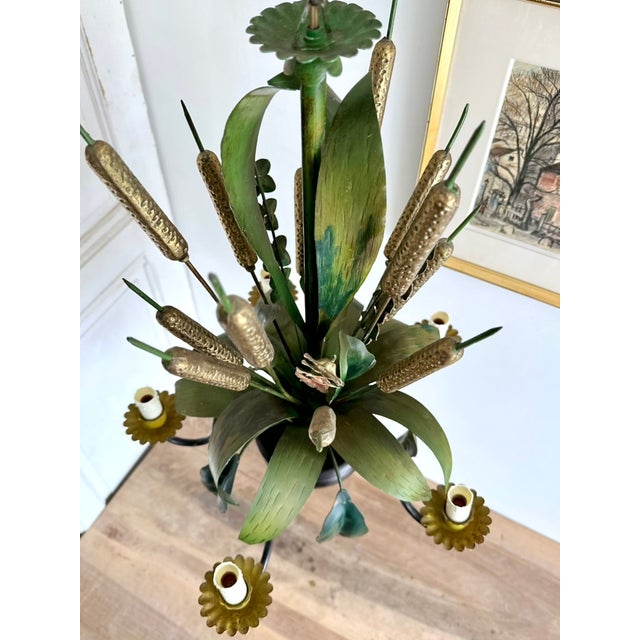 Brown French Country Tole Botanical Five-Light Chandelier with Cattails and Flowers, 1960s For Sale - Image 8 of 17