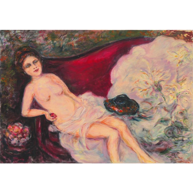 'Woman Reclining on a Chaise Longue' by Vivian Ruth Huebler, Mid-Century San Francisco Woman Artist, Large Oil For Sale