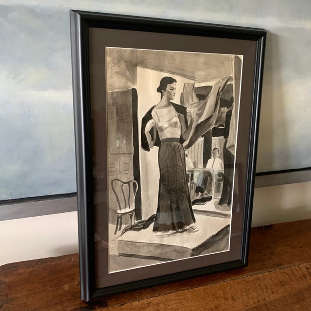 Framed Signed 1950s Modern Black and White Figural Watercolor Painting For Sale - Image 4 of 7