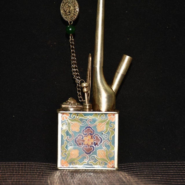 Brass Water Pipe With Cloisonné Enamel Base & Chain For Sale - Image 9 of 9
