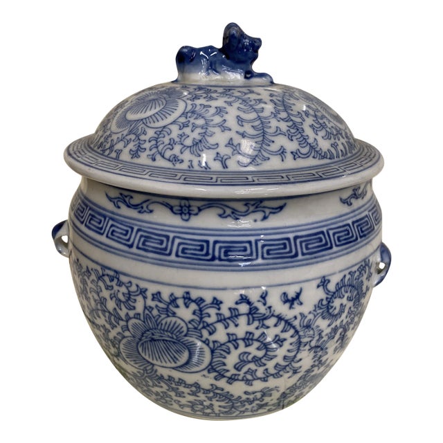 1970s Blue and White Greek Key Chinoiserie Bowl For Sale