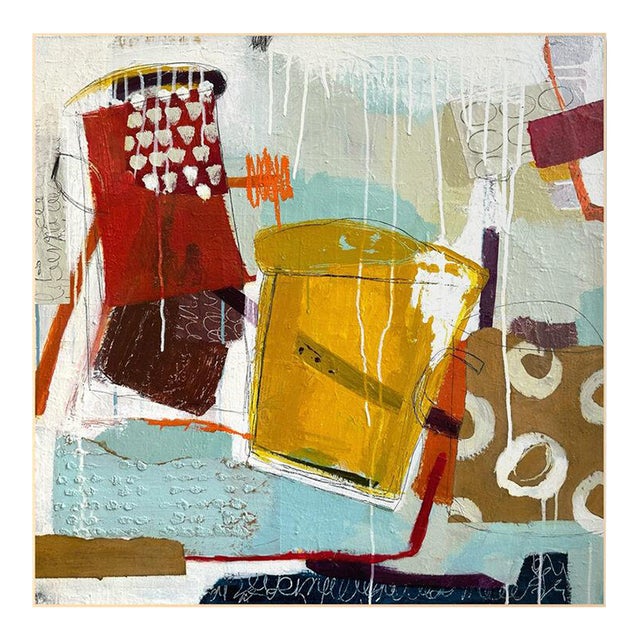 Christiane Corcelle "Playful Water Dreams 2" Mixed Media on Canvas, Abstract Still Life in Yellow, Aqua and Red, 2024 For Sale