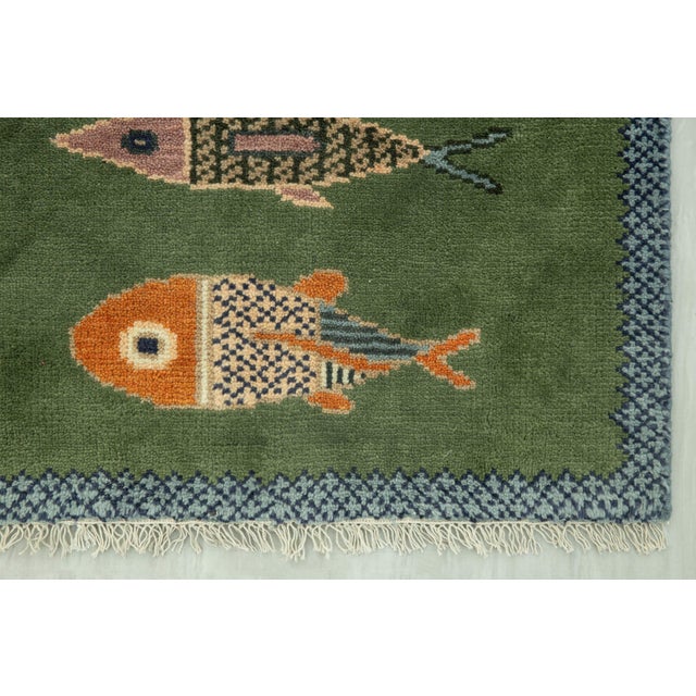 Koi Fish Olive Green Hand Knotted Runner Rug 2.6x6Ft. For Sale - Image 6 of 18