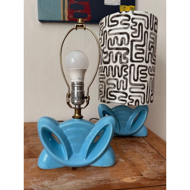 1960s 1960s Pair of MCM Turquoise Lamps With Fabric Shades For Sale - Image 5 of 8