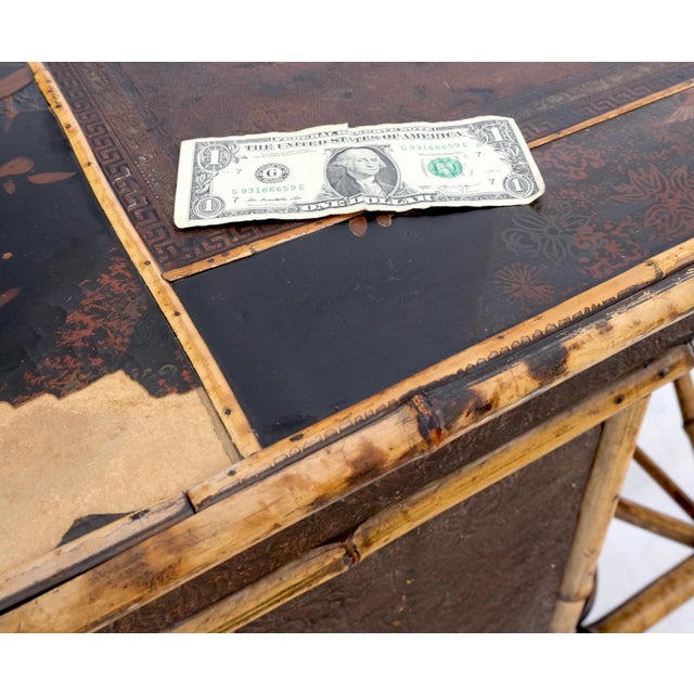 Antique Asian Oriental japaneese Burned Bamboo Hand Painted Decorated Desk Table For Sale - Image 4 of 18