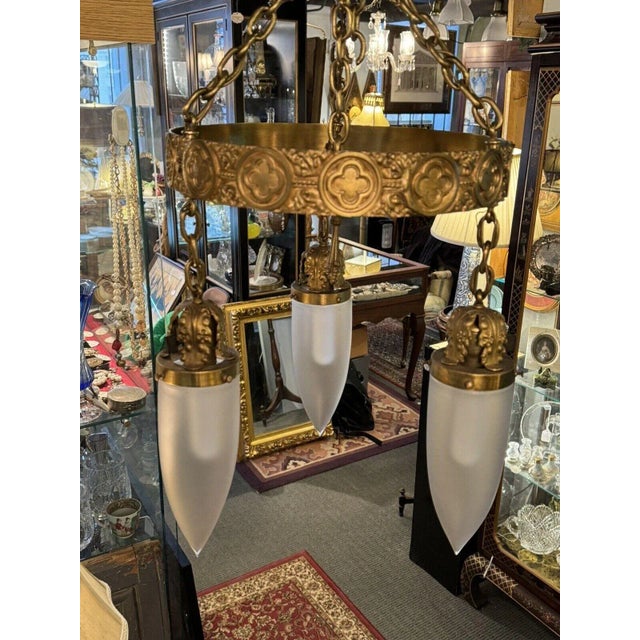 Late 19th Century Antique Brass Three Light Tudor Revival Quatrefoil Pattern Chandelier For Sale - Image 5 of 12