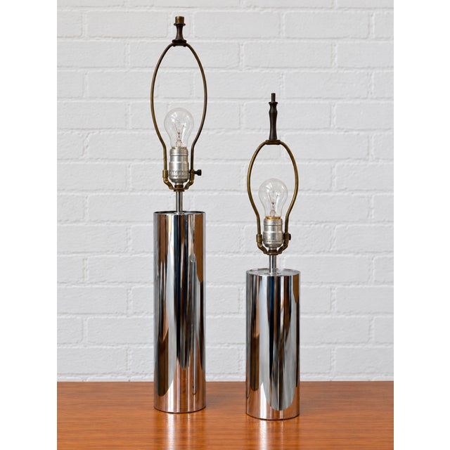 1970s Mid Century Modern Vintage Chrome Cylinder Table Lamps, Set of 2, C. 1970's For Sale - Image 5 of 12