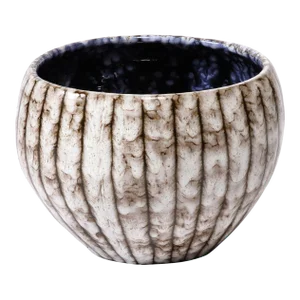 Mid-Century Modernist White & Earth Toned Ceramic Bowl With Vertical Banding