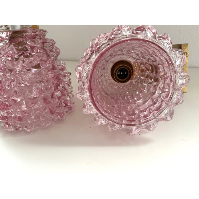 Italian Art Deco Style Brass and Pink Rostrato Murano Glass Wall Sconces, 1990s, Set of 2 For Sale - Image 11 of 13