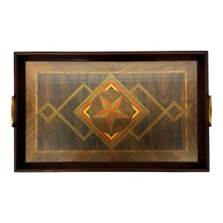Herman J Oeser Art Deco Wood Marquetry Serving Tray With Brass Handles, 1922 For Sale
