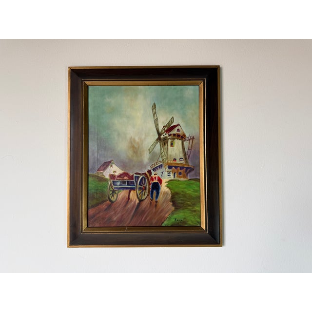 Beautiful vintage oil on canvas painting signed Jara, depicting a charming European countryside scene with a traditional...