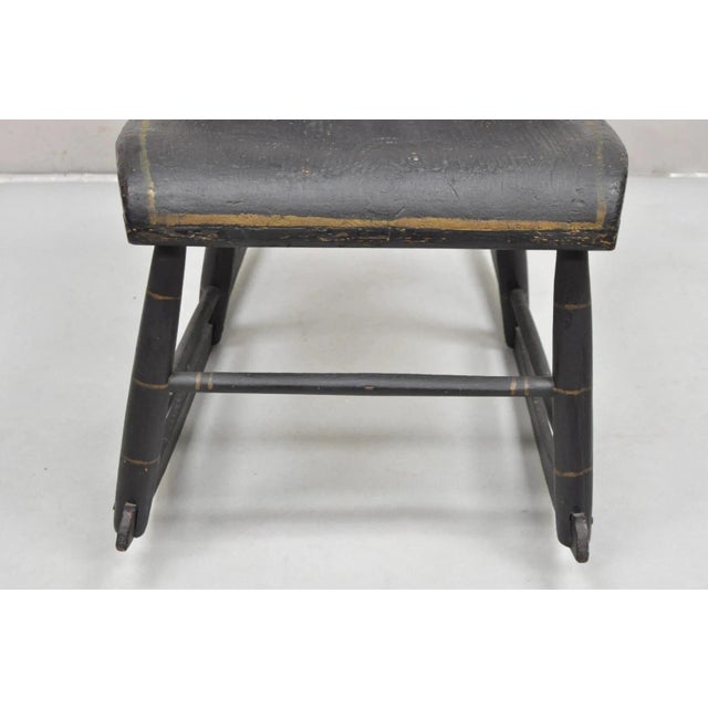 Wood Antique Colonial Stencil Back Black Painted Plank Bottom Rocker Rocking Chair For Sale - Image 7 of 12