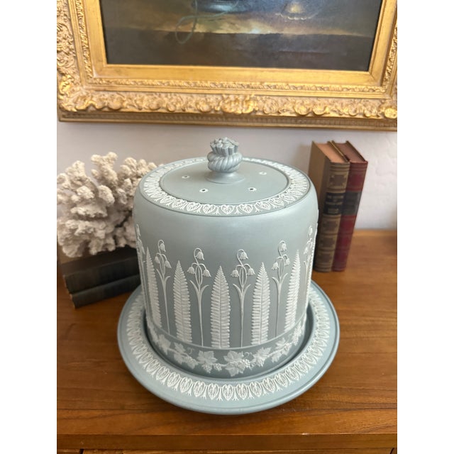 Coastal Antique James Dudson Jasperware Cheese Dome With Underplate – Mint Jasperware Relief Stoneware Cloché For Sale - Image 3 of 9