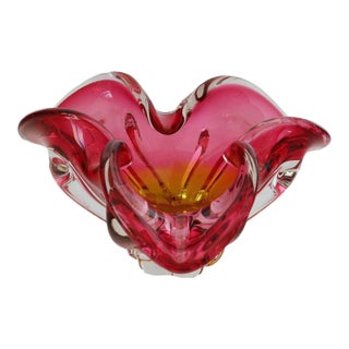 Midcentury Cranberry & Golden Murano Glass Bowl For Sale