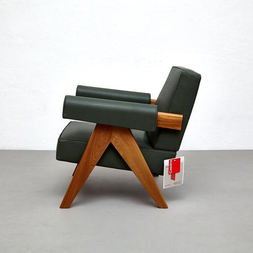 Not Yet Made - Made To Order Capitol Complex Teak and Green Leather 053 Armchair by Pierre Jeanneret for Cassina For Sale - Image 5 of 15