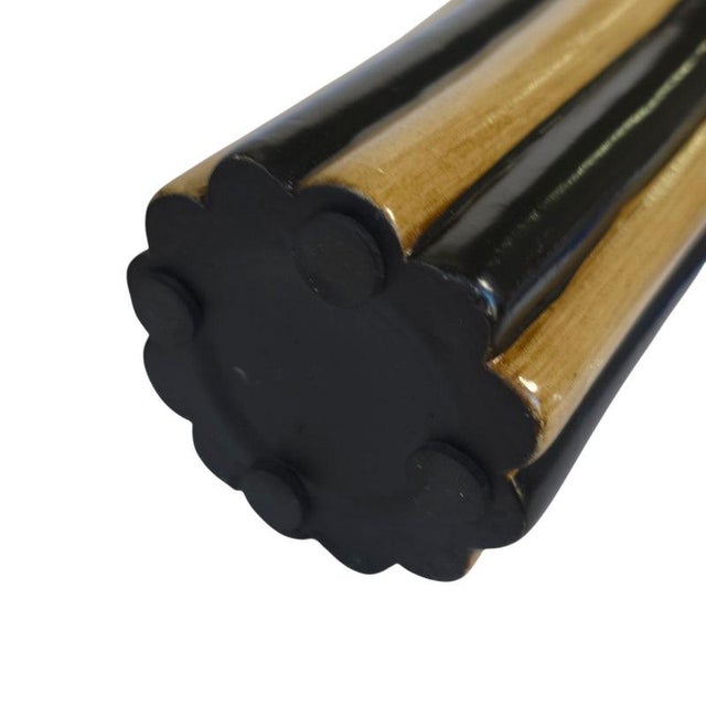 Art Deco Hollywood Regency Black & Tan Fluted Ceramic Vase Pair For Sale - Image 13 of 16