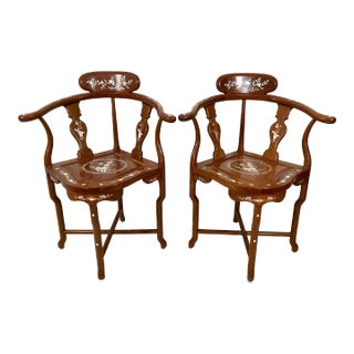 Fine Chinese Solid Rosewood and Inlaid Mother of Pearl Floral / Bird Design Corner Occasional Armchairs, a Pair For Sale