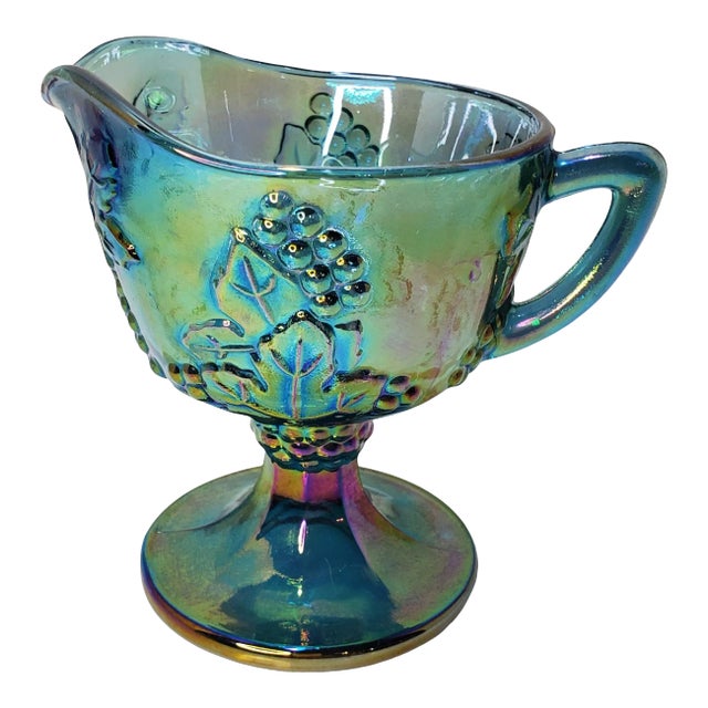1970s Indiana Harvest Grape Blue Carnival Glass Creamer For Sale