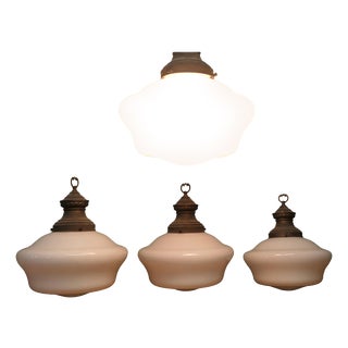 Large Industrial Ceiling Lights with Glass Shades, 1930s, Set of 4 For Sale
