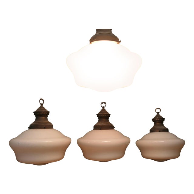 Large Industrial Ceiling Lights with Glass Shades, 1930s, Set of 4 For Sale