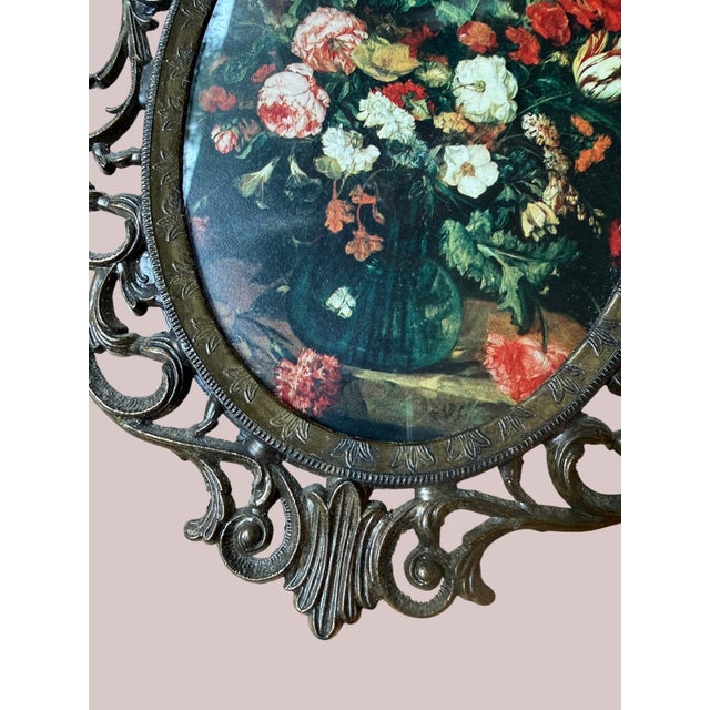 Baroque Mid-Century Italian Ornate Cast Metal Oval Wall Plaque – Baroque Floral Still Life For Sale - Image 3 of 6