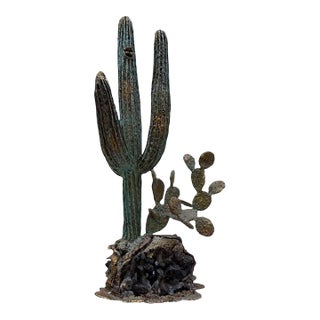 1980s Monumental 42" Martin Borja Brutalist Bronze Saguaro & Prickly Pear Cactus on Smoky Quartz Base For Sale