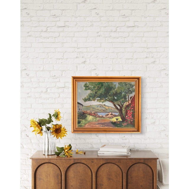 Impressionist 1951 Impressionist Lakeside Landscape Oil on Board Painting, Signed For Sale - Image 3 of 5