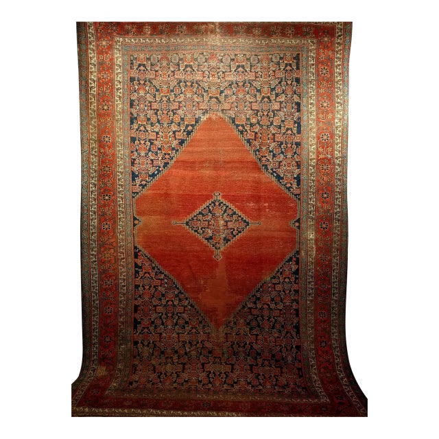 Antique Persian Malayer Rug, Hand-Knotted Wool, Geometric Pattern, 8x12, Terracotta & Navy For Sale