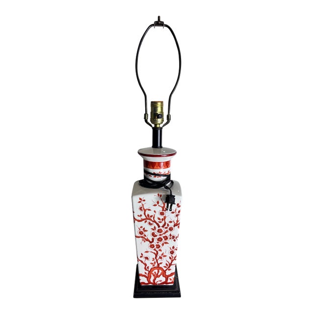 Vintage Japanese Porcelain Vase Table Lamp Featuring a Hand-Painted Red Cherry Blossom Floral For Sale