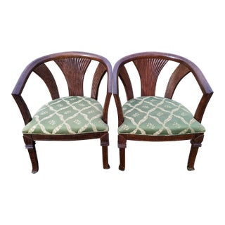 1970s Polynesian-Style Curved Palm Frond-Back Tub Accent Chairs With Green Fabric - a Pair For Sale