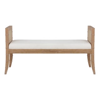 Matthew Izzo Home Benedict Cerused Oak Square Edged Bench With Bamboo Detail, Cane Side, and White Linen Upholstery For Sale