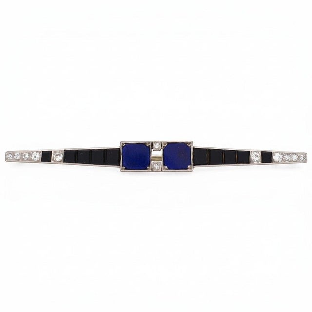 Art Deco Platinum Bar Brooch - Lapis Lazuli, Onyx & Diamonds - Circa 1920 For Sale - Image 6 of 6