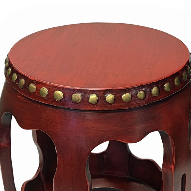 Chinese Distressed Brick Red Gold Dots Wood Open Ru Yi Bar Round Barrel Stool For Sale In San Francisco - Image 6 of 7
