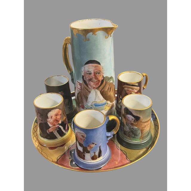 Brown Antique JPL Limoges France Hand Painted Tankard Mug Charger Set Signed Hah - 8 pcs For Sale - Image 8 of 10