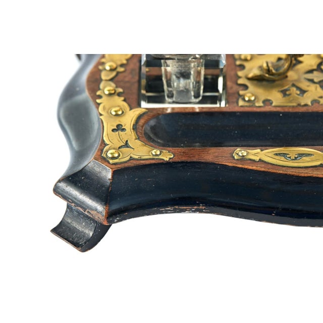 Antique Victorian Walnut & Ebonised Brass Mounted Inkstand, 1860 For Sale - Image 3 of 8