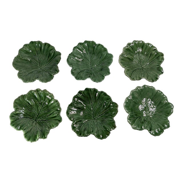 Mid-Century Set of 6 Green Cabbage Luncheon Plates by Secla Portugal For Sale