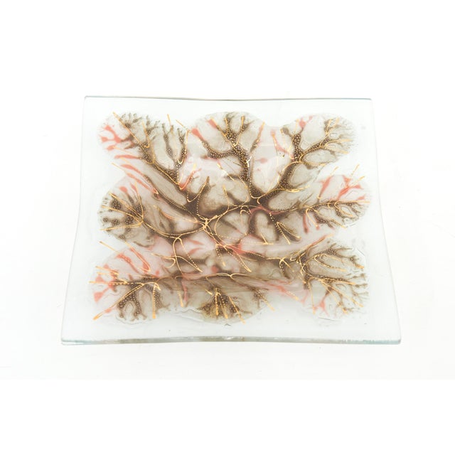 Glass Vintage Signed Higgins Fused Glass Square Tree Branches Bowl Brown, Coral, Gold MCM For Sale - Image 7 of 10