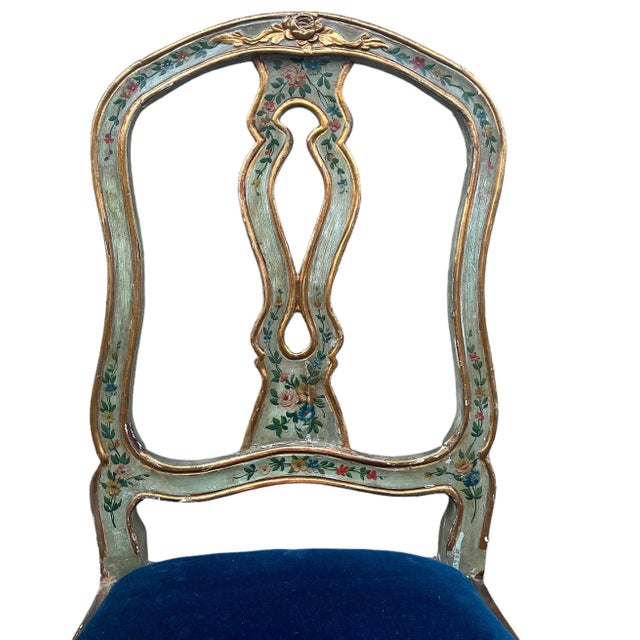 Italian 19th-C. Italian / Venetian Celadon Floral Painted Side Chairs in Blue Velvet- Pair For Sale - Image 3 of 10