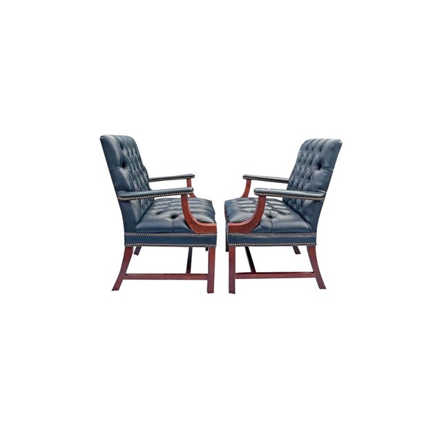 1990s Vintage Chesterfield Tufted Blue Leather Arm Chairs a Pair. English Style With Brass Nailhead Accent's For Sale - Image 5 of 5