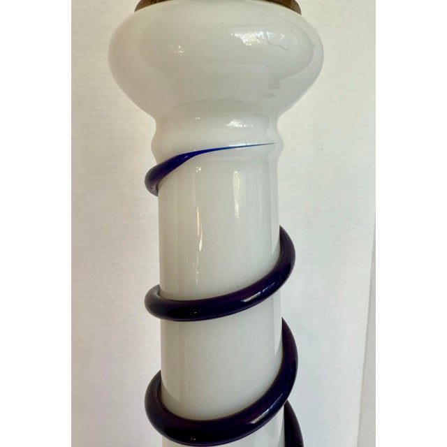 White Art Deco Murano Style Milk Glass & Cobalt Blue Swirl Art Glass Table Lamp For Sale - Image 8 of 12