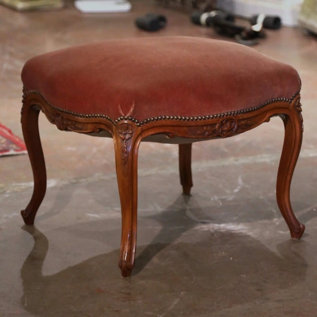 Title: Early 20th Century French Louis XV Walnut Stool With Velvet Seat For Sale In Dallas - Image 6 of 9