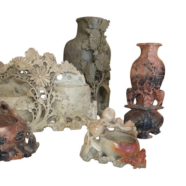 Eight Vintage Chinese Soapstone Carved Brush Pots & Vessels. Early 20th Century. For Sale - Image 4 of 8