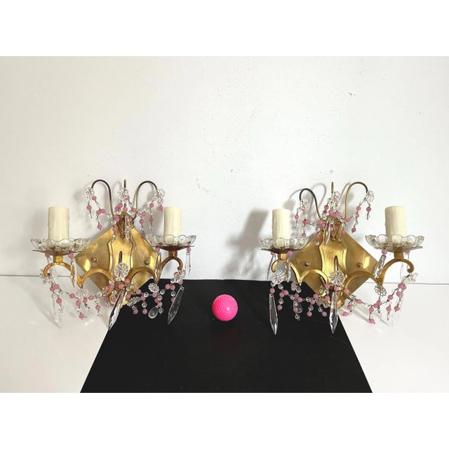 Gold Midcentury French Crystal Sconces - a Pair For Sale - Image 8 of 14
